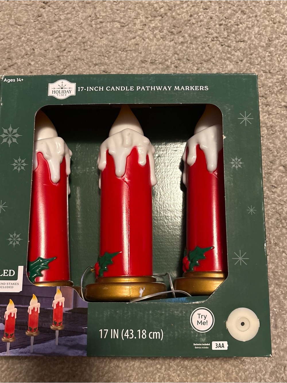 Holiday Time Red and White LED Candle Pathway Markers with Green Holly NEW